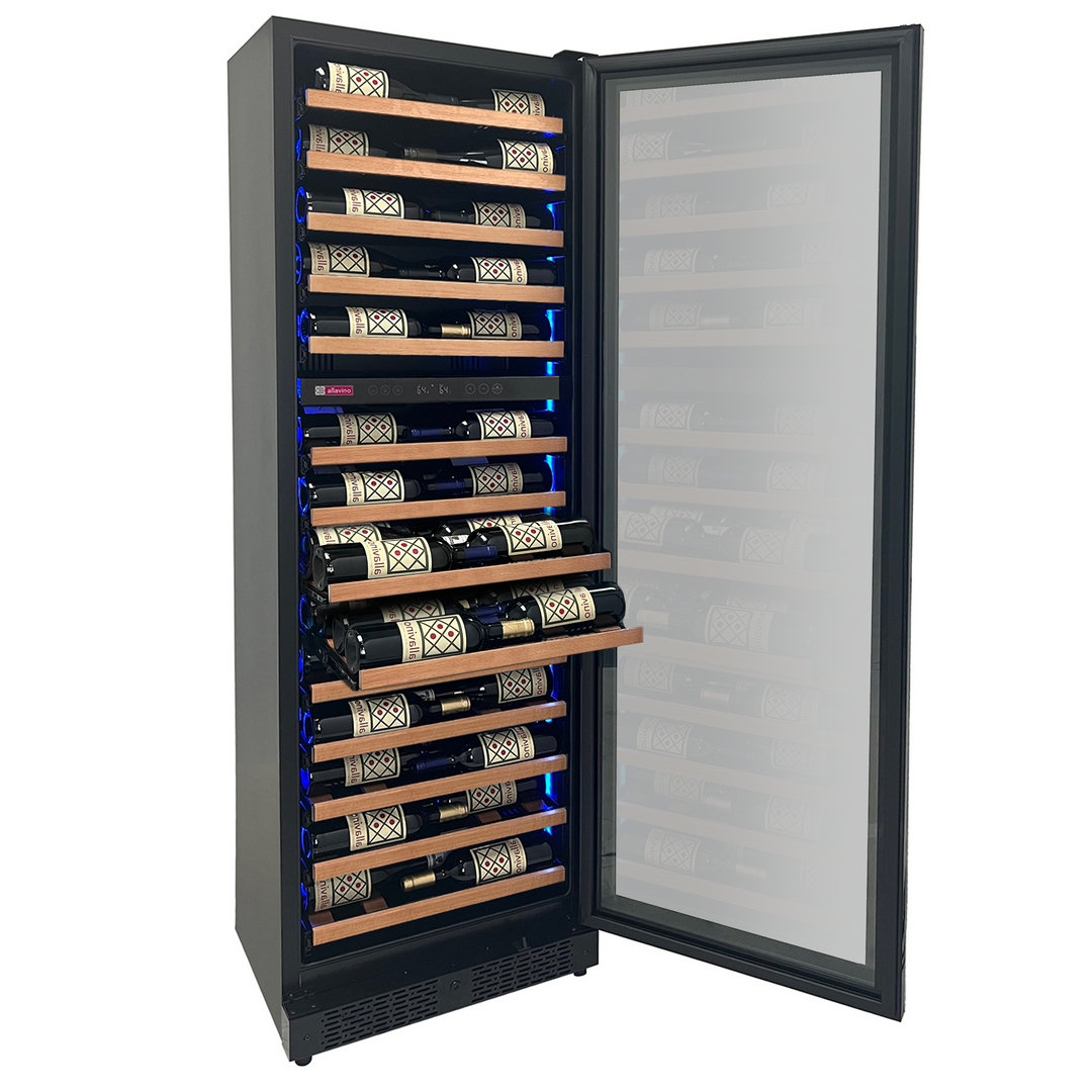 Allavino - Reserva Series 67 Bottle 71" Tall Dual Zone Black Shallow Wine Refrigerator with Wood Shelf Fronts Allavino - Reserva Series 67 Bottle 71" Tall Dual Zone Black Shallow Wine Refrigerator with Wood Shelf Fronts