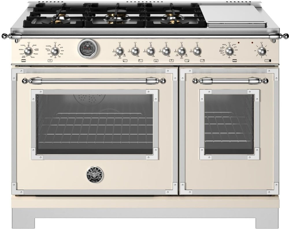 Bertazzoni - 48 inch Dual Fuel Range, 6 Brass Burners and Griddle, Electric Self-Clean Oven - HER486BTFEP Bertazzoni - 48 inch Dual Fuel Range, 6 Brass Burners and Griddle, Electric Self-Clean Oven - HER486BTFEP