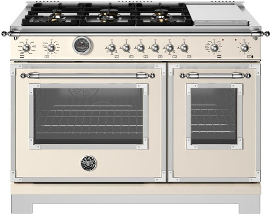 Bertazzoni - 48 inch Dual Fuel Range, 6 Brass Burners and Griddle, Electric Self-Clean Oven - HER486BTFEP
