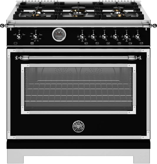 Bertazzoni - 36 inch All Gas Range, 6 Brass Burners and Cast Iron Griddle - HER366BCFGM