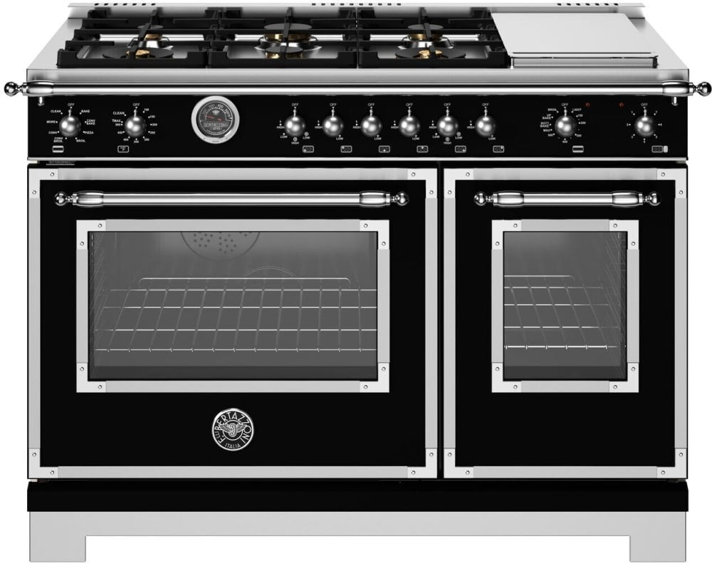 Bertazzoni - 48 inch Dual Fuel Range, 6 Brass Burners and Griddle, Electric Self-Clean Oven - HER486BTFEP Bertazzoni - 48 inch Dual Fuel Range, 6 Brass Burners and Griddle, Electric Self-Clean Oven - HER486BTFEP