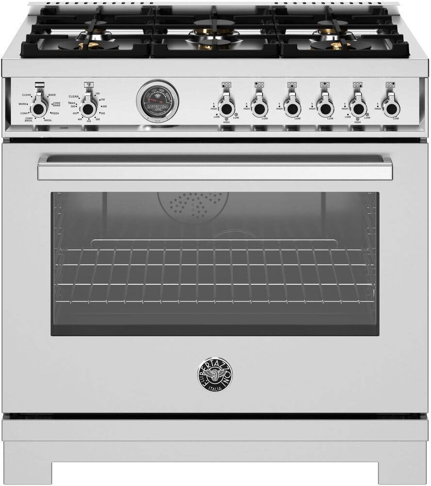 Bertazzoni - 36 inch Dual Fuel Range, 6 Brass Burners and Cast Iron Griddle, Electric Self-Clean Oven - PRO366BCFEPXT Bertazzoni - 36 inch Dual Fuel Range, 6 Brass Burners and Cast Iron Griddle, Electric Self-Clean Oven - PRO366BCFEPXT