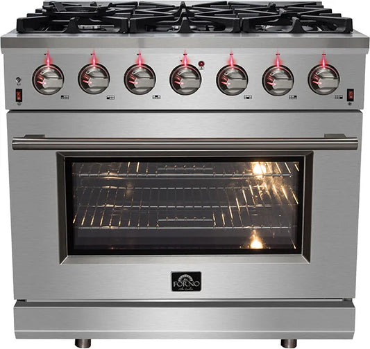 FORNO - 36-Inch Freestanding Gas Range: 6 Sealed Burners, 5.36 cu. ft. Oven, Continuous Grates, Convection, Illuminated Knobs