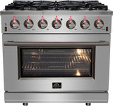 FORNO - 36-Inch Freestanding Gas Range: 6 Sealed Burners, 5.36 cu. ft. Oven, Continuous Grates, Convection, Illuminated Knobs FORNO - 36-Inch Freestanding Gas Range: 6 Sealed Burners, 5.36 cu. ft. Oven, Continuous Grates, Convection, Illuminated Knobs