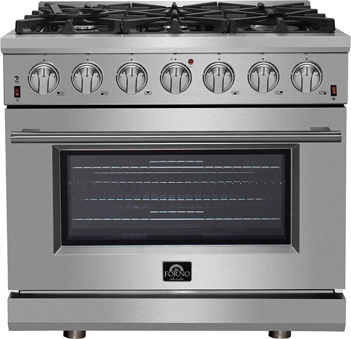 FORNO - 36-Inch Freestanding Gas Range: 6 Sealed Burners, 5.36 cu. ft. Oven, Continuous Grates, Convection, Illuminated Knobs FORNO - 36-Inch Freestanding Gas Range: 6 Sealed Burners, 5.36 cu. ft. Oven, Continuous Grates, Convection, Illuminated Knobs
