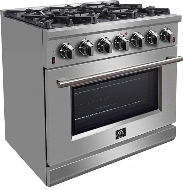 FORNO - 36-Inch Freestanding Gas Range: 6 Sealed Burners, 5.36 cu. ft. Oven, Continuous Grates, Convection, Illuminated Knobs FORNO - 36-Inch Freestanding Gas Range: 6 Sealed Burners, 5.36 cu. ft. Oven, Continuous Grates, Convection, Illuminated Knobs