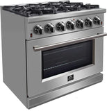 FORNO - 36-Inch Freestanding Gas Range: 6 Sealed Burners, 5.36 cu. ft. Oven, Continuous Grates, Convection, Illuminated Knobs FORNO - 36-Inch Freestanding Gas Range: 6 Sealed Burners, 5.36 cu. ft. Oven, Continuous Grates, Convection, Illuminated Knobs