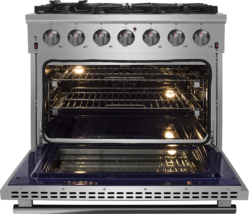 FORNO - 36-Inch Freestanding Gas Range: 6 Sealed Burners, 5.36 cu. ft. Oven, Continuous Grates, Convection, Illuminated Knobs FORNO - 36-Inch Freestanding Gas Range: 6 Sealed Burners, 5.36 cu. ft. Oven, Continuous Grates, Convection, Illuminated Knobs