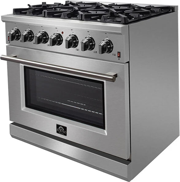 FORNO - 36-Inch Freestanding Gas Range: 6 Sealed Burners, 5.36 cu. ft. Oven, Continuous Grates, Convection, Illuminated Knobs FORNO - 36-Inch Freestanding Gas Range: 6 Sealed Burners, 5.36 cu. ft. Oven, Continuous Grates, Convection, Illuminated Knobs