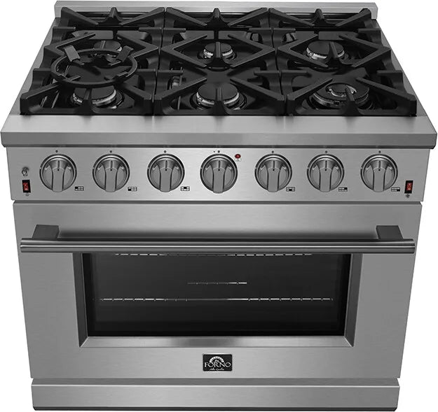FORNO - 36-Inch Freestanding Gas Range: 6 Sealed Burners, 5.36 cu. ft. Oven, Continuous Grates, Convection, Illuminated Knobs FORNO - 36-Inch Freestanding Gas Range: 6 Sealed Burners, 5.36 cu. ft. Oven, Continuous Grates, Convection, Illuminated Knobs