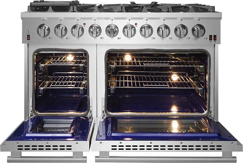 FORNO - 48-Inch Freestanding Gas Range: 8 Sealed Burners, Double Oven, 6.58 cu. ft. Total Capacity, Continuous Grates FORNO - 48-Inch Freestanding Gas Range: 8 Sealed Burners, Double Oven, 6.58 cu. ft. Total Capacity, Continuous Grates
