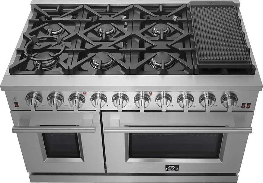 FORNO - 48-Inch Freestanding Gas Range: 8 Sealed Burners, Double Oven, 6.58 cu. ft. Total Capacity, Continuous Grates FORNO - 48-Inch Freestanding Gas Range: 8 Sealed Burners, Double Oven, 6.58 cu. ft. Total Capacity, Continuous Grates