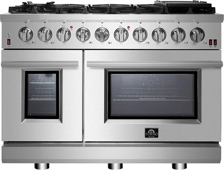 FORNO - 48-Inch Freestanding Gas Range: 8 Sealed Burners, Double Oven, 6.58 cu. ft. Total Capacity, Continuous Grates FORNO - 48-Inch Freestanding Gas Range: 8 Sealed Burners, Double Oven, 6.58 cu. ft. Total Capacity, Continuous Grates