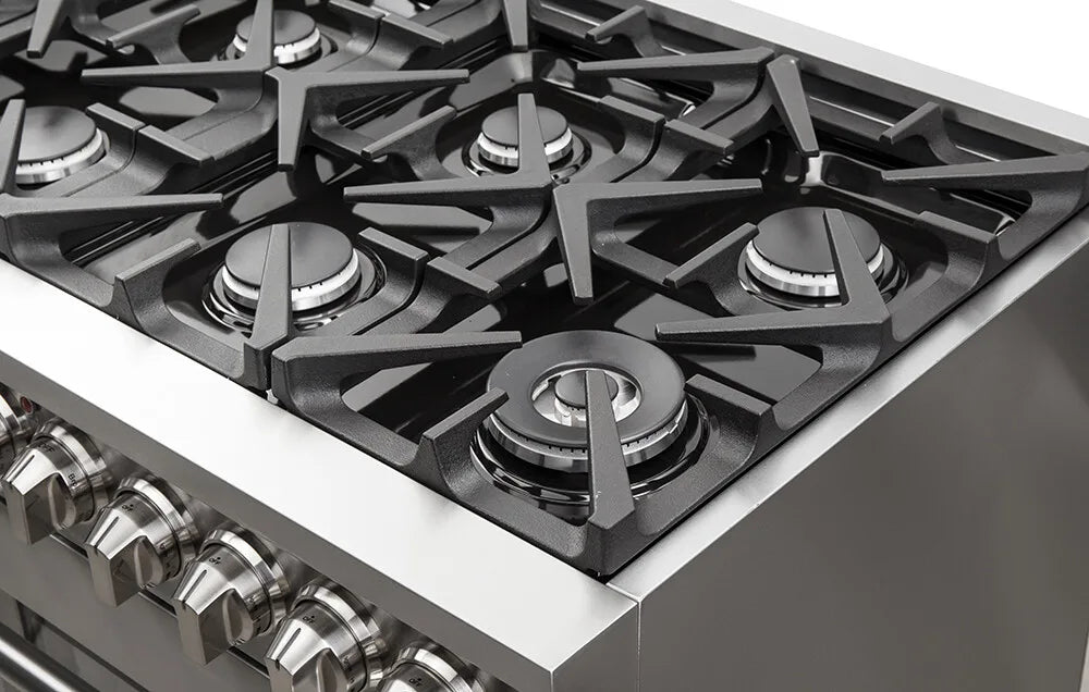 FORNO - 48-Inch Freestanding Gas Range: 8 Sealed Burners, Double Oven, 6.58 cu. ft. Total Capacity, Continuous Grates FORNO - 48-Inch Freestanding Gas Range: 8 Sealed Burners, Double Oven, 6.58 cu. ft. Total Capacity, Continuous Grates