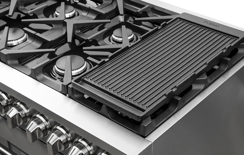 FORNO - 48-Inch Freestanding Gas Range: 8 Sealed Burners, Double Oven, 6.58 cu. ft. Total Capacity, Continuous Grates FORNO - 48-Inch Freestanding Gas Range: 8 Sealed Burners, Double Oven, 6.58 cu. ft. Total Capacity, Continuous Grates