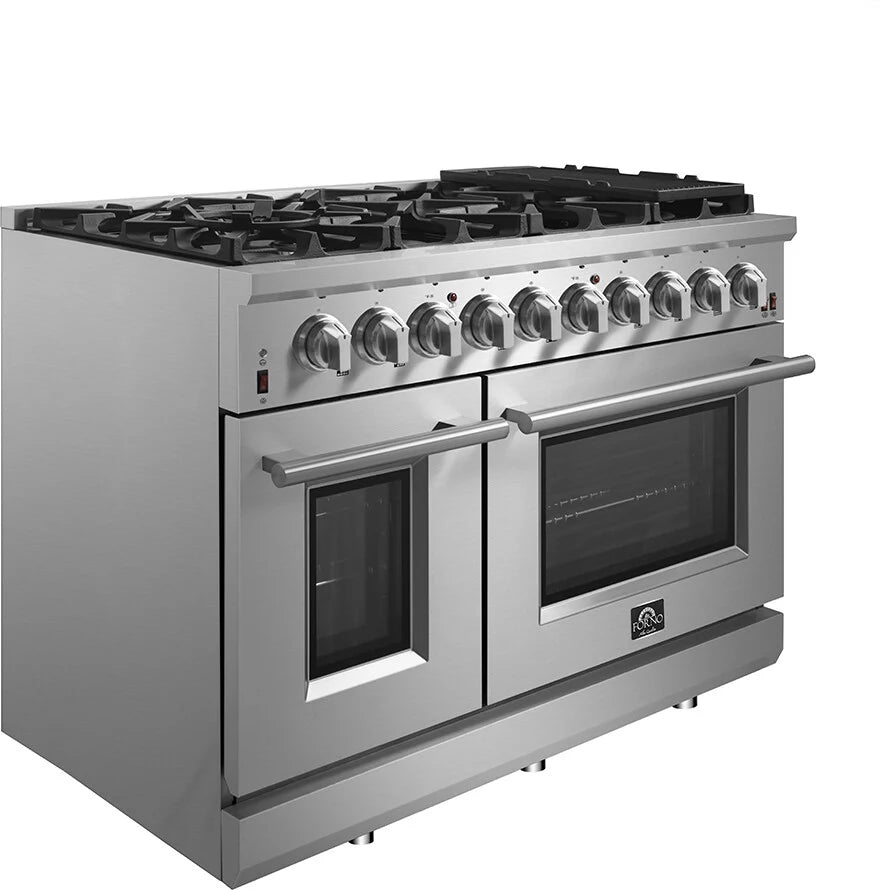 FORNO - 48-Inch Freestanding Gas Range: 8 Sealed Burners, Double Oven, 6.58 cu. ft. Total Capacity, Continuous Grates FORNO - 48-Inch Freestanding Gas Range: 8 Sealed Burners, Double Oven, 6.58 cu. ft. Total Capacity, Continuous Grates