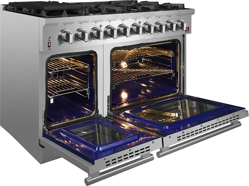 FORNO - 48-Inch Freestanding Gas Range: 8 Sealed Burners, Double Oven, 6.58 cu. ft. Total Capacity, Continuous Grates FORNO - 48-Inch Freestanding Gas Range: 8 Sealed Burners, Double Oven, 6.58 cu. ft. Total Capacity, Continuous Grates
