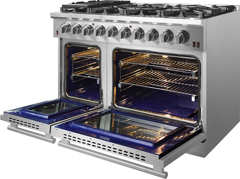 FORNO - 48-Inch Freestanding Gas Range: 8 Sealed Burners, Double Oven, 6.58 cu. ft. Total Capacity, Continuous Grates FORNO - 48-Inch Freestanding Gas Range: 8 Sealed Burners, Double Oven, 6.58 cu. ft. Total Capacity, Continuous Grates