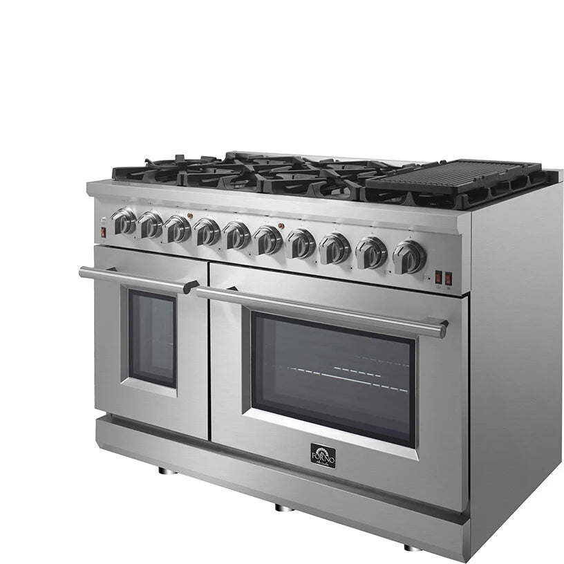 FORNO - 48-Inch Freestanding Gas Range: 8 Sealed Burners, Double Oven, 6.58 cu. ft. Total Capacity, Continuous Grates FORNO - 48-Inch Freestanding Gas Range: 8 Sealed Burners, Double Oven, 6.58 cu. ft. Total Capacity, Continuous Grates