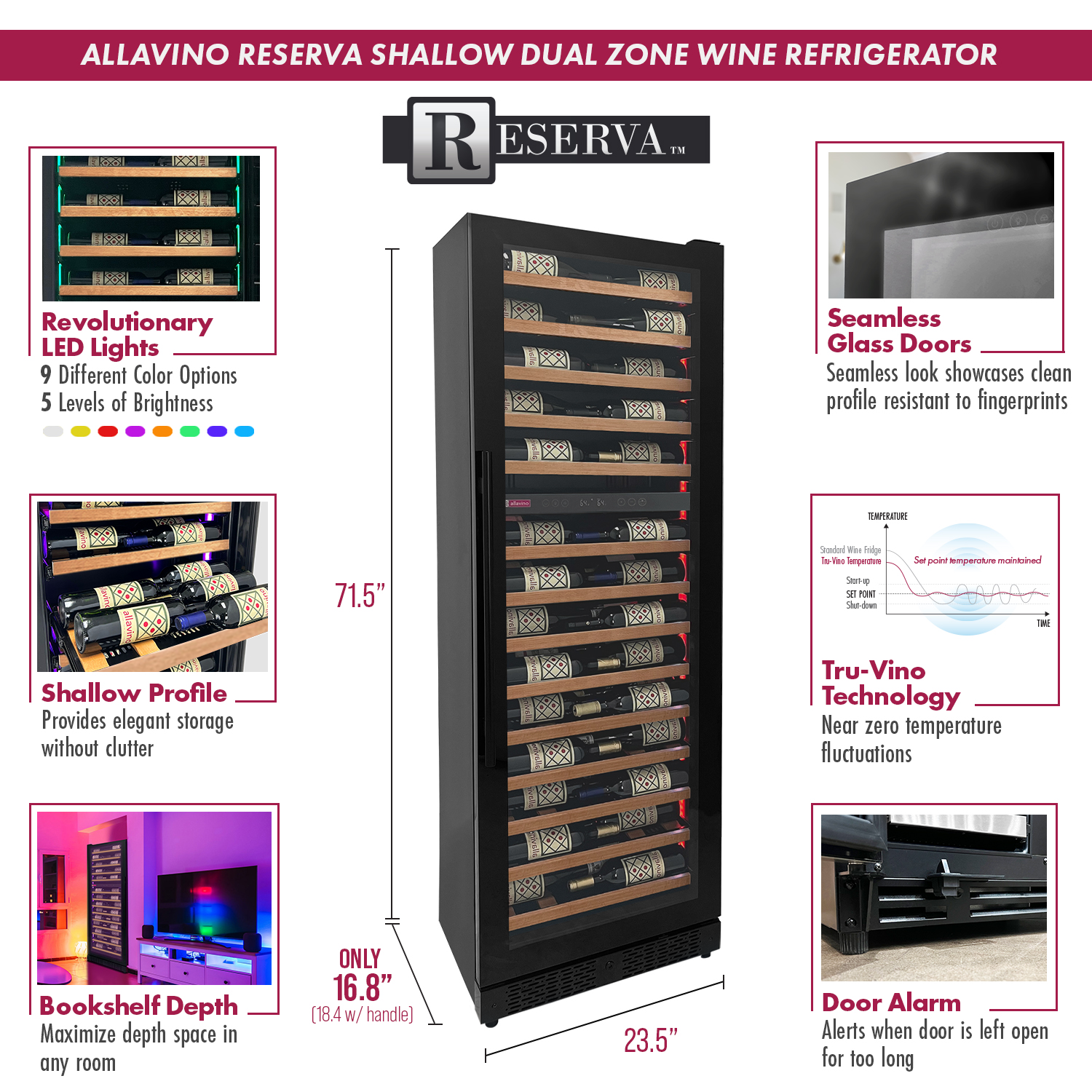 Allavino - Reserva Series 67 Bottle 71" Tall Dual Zone Black Shallow Wine Refrigerator with Wood Shelf Fronts Allavino - Reserva Series 67 Bottle 71" Tall Dual Zone Black Shallow Wine Refrigerator with Wood Shelf Fronts