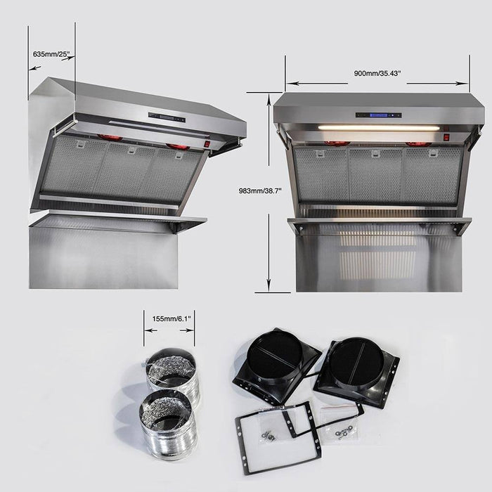 FORNO - 36-Inch Wall Mount Range Hood with Red Light Warmer, Shelf/Backsplash, and 1200 CFM Motor FORNO - 36-Inch Wall Mount Range Hood with Red Light Warmer, Shelf/Backsplash, and 1200 CFM Motor