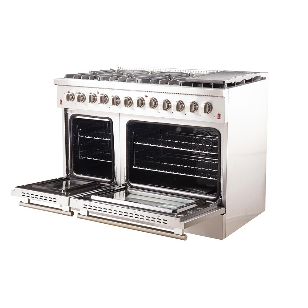 FORNO - 48-Inch Galiano Dual Fuel Range - Gas Cooktop with 240v Electric Oven - 8 Burners, Griddle, and Double Oven FORNO - 48-Inch Galiano Dual Fuel Range - Gas Cooktop with 240v Electric Oven - 8 Burners, Griddle, and Double Oven