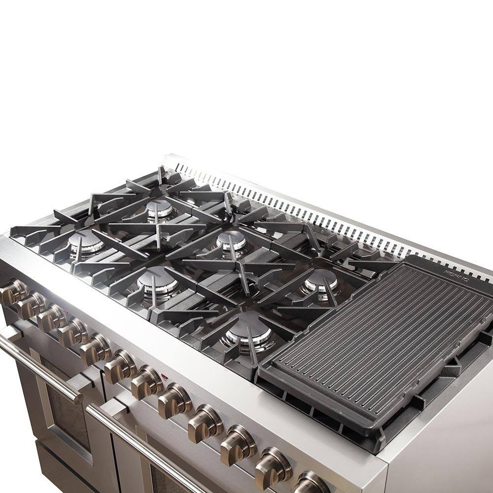 FORNO - 48-Inch Galiano Dual Fuel Range - Gas Cooktop with 240v Electric Oven - 8 Burners, Griddle, and Double Oven FORNO - 48-Inch Galiano Dual Fuel Range - Gas Cooktop with 240v Electric Oven - 8 Burners, Griddle, and Double Oven