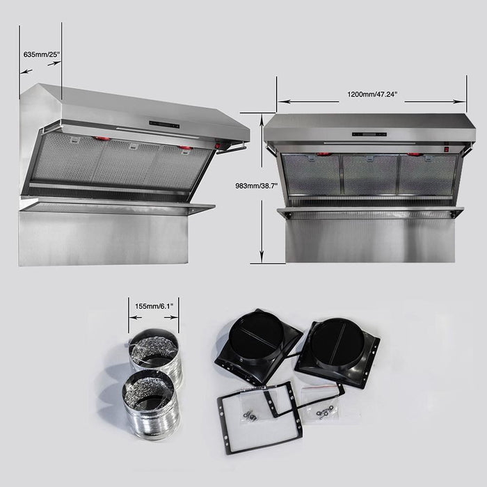 FORNO - 48-Inch Wall Mount Range Hood with Red Light Warmer, Shelf/Backsplash, and 1200 CFM Motor FORNO - 48-Inch Wall Mount Range Hood with Red Light Warmer, Shelf/Backsplash, and 1200 CFM Motor