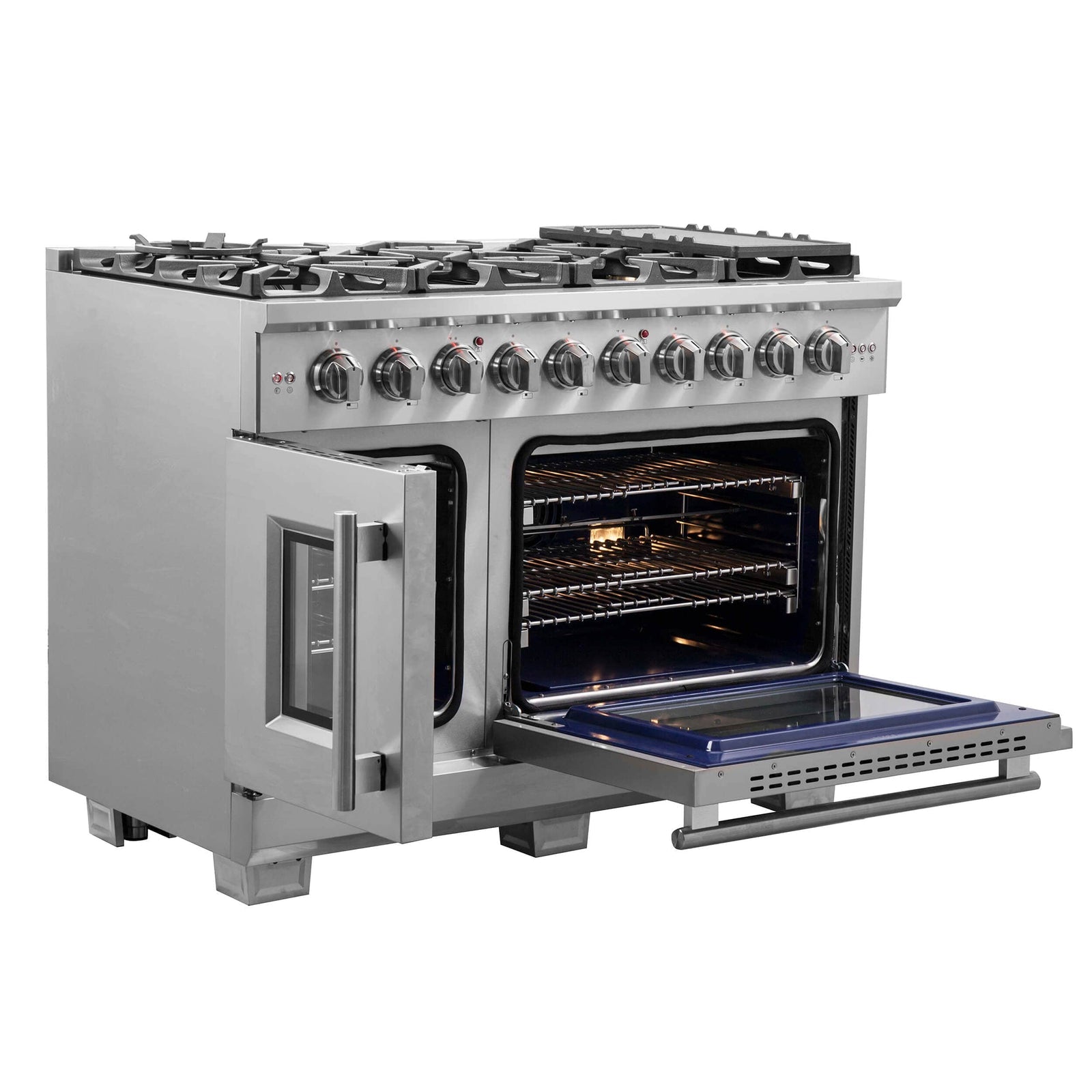 FORNO - 48-Inch Capriasca Gas Range with 8 Burners, 160,000 BTUs, & French Door Gas Oven in Stainless Steel FORNO - 48-Inch Capriasca Gas Range with 8 Burners, 160,000 BTUs, & French Door Gas Oven in Stainless Steel