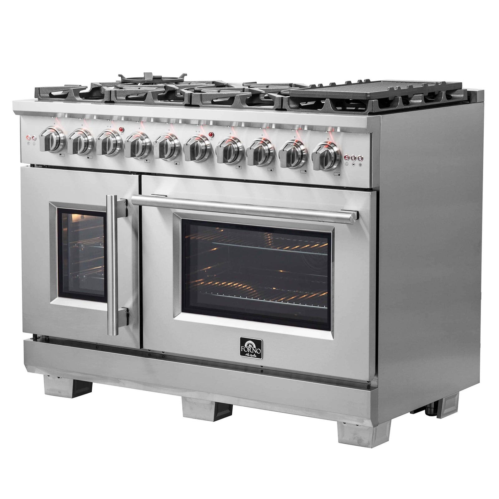 FORNO - 48-Inch Capriasca Dual Fuel Range with 8 Gas Burners, 160,000 BTUs & French Door Electric Oven in Stainless Steel FORNO - 48-Inch Capriasca Dual Fuel Range with 8 Gas Burners, 160,000 BTUs & French Door Electric Oven in Stainless Steel