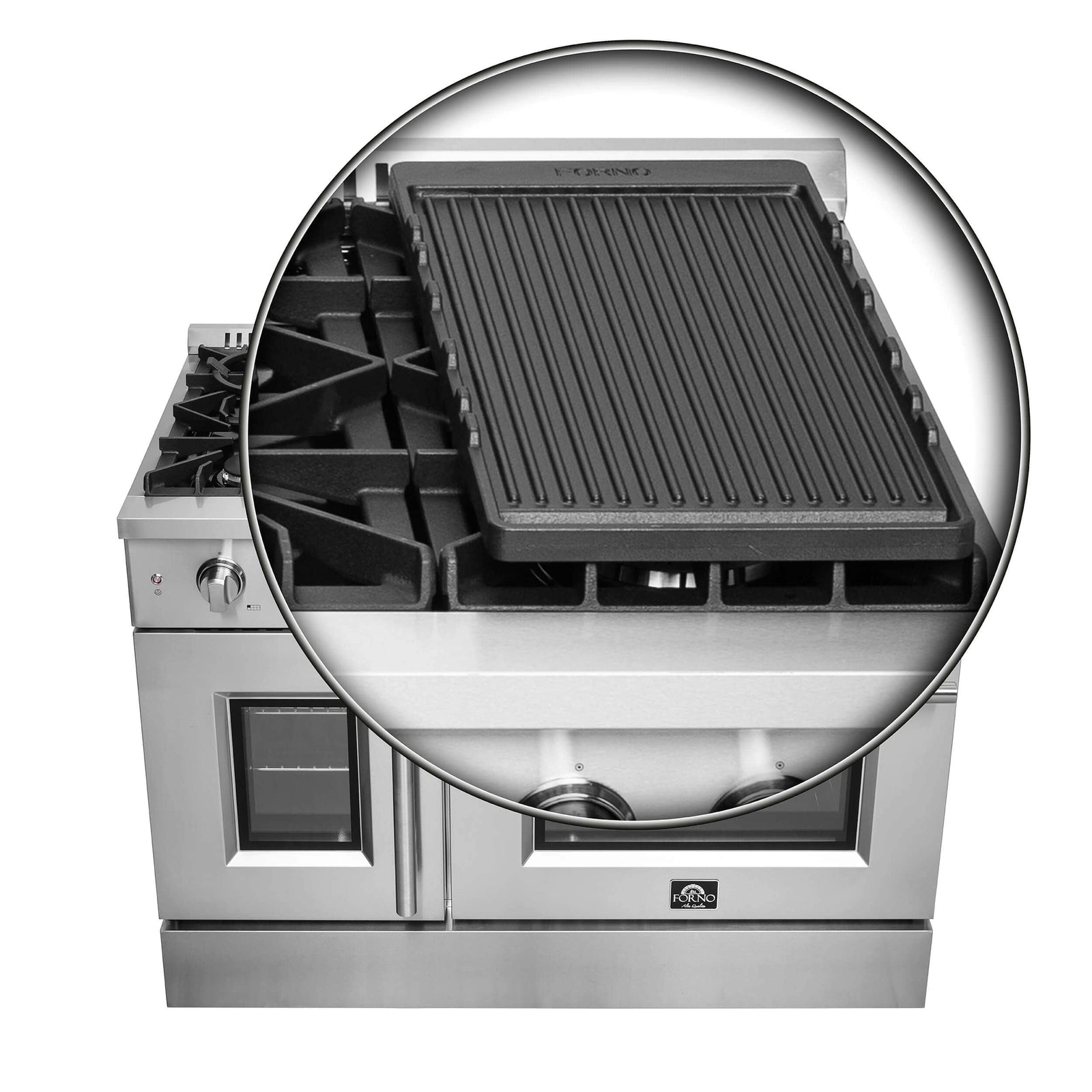 FORNO - 48-Inch Capriasca Dual Fuel Range with 8 Gas Burners, 160,000 BTUs & French Door Electric Oven in Stainless Steel FORNO - 48-Inch Capriasca Dual Fuel Range with 8 Gas Burners, 160,000 BTUs & French Door Electric Oven in Stainless Steel