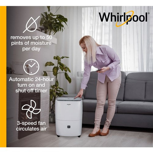 Whirlpool - 50 Pint Dehumidifier with Pump, White, E-Star - WHAD50PCW Whirlpool - 50 Pint Dehumidifier with Pump, White, E-Star - WHAD50PCW