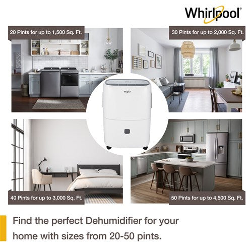 Whirlpool - 50 Pint Dehumidifier with Pump, White, E-Star - WHAD50PCW Whirlpool - 50 Pint Dehumidifier with Pump, White, E-Star - WHAD50PCW