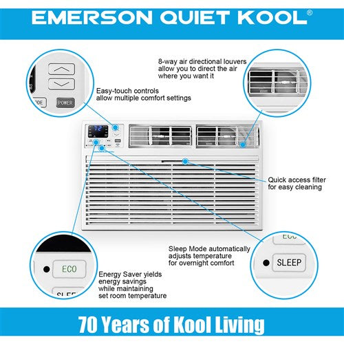 Emerson Quiet - 8000 BTU TTW Air Conditioner with Wifi Controls, 115V | EATC08RSE1T Emerson Quiet - 8000 BTU TTW Air Conditioner with Wifi Controls, 115V | EATC08RSE1T