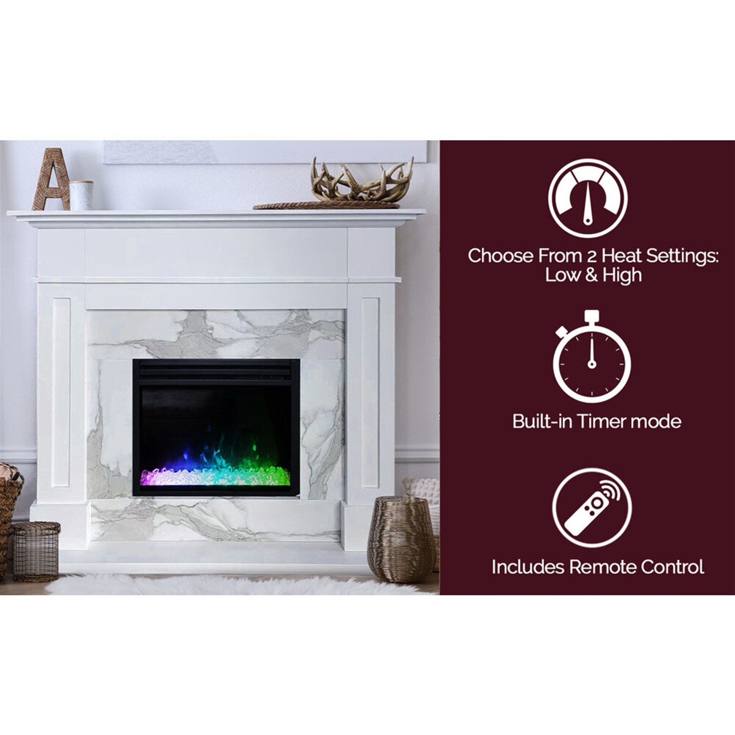 Cambridge - 53.x17.7"x13.4" Sofia Fireplace Mantel with Marble and Crystal Insert - Electric Mantel Fireplaces - CAM5617-1WHTCRS Cambridge - 53.x17.7"x13.4" Sofia Fireplace Mantel with Marble and Crystal Insert - Electric Mantel Fireplaces - CAM5617-1WHTCRS