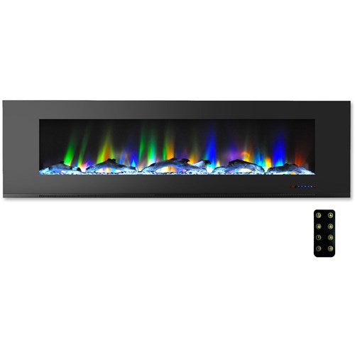 Cambridge 60 In. Wall-Mount Electric Fireplace in Black with Multi-Color Flames and Driftwood Log Display,