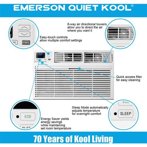 Emerson Quiet - 12,000 BTU Heat/Cool TTW Air Conditioner, 230V | EATE12RD2T Emerson Quiet - 12,000 BTU Heat/Cool TTW Air Conditioner, 230V | EATE12RD2T
