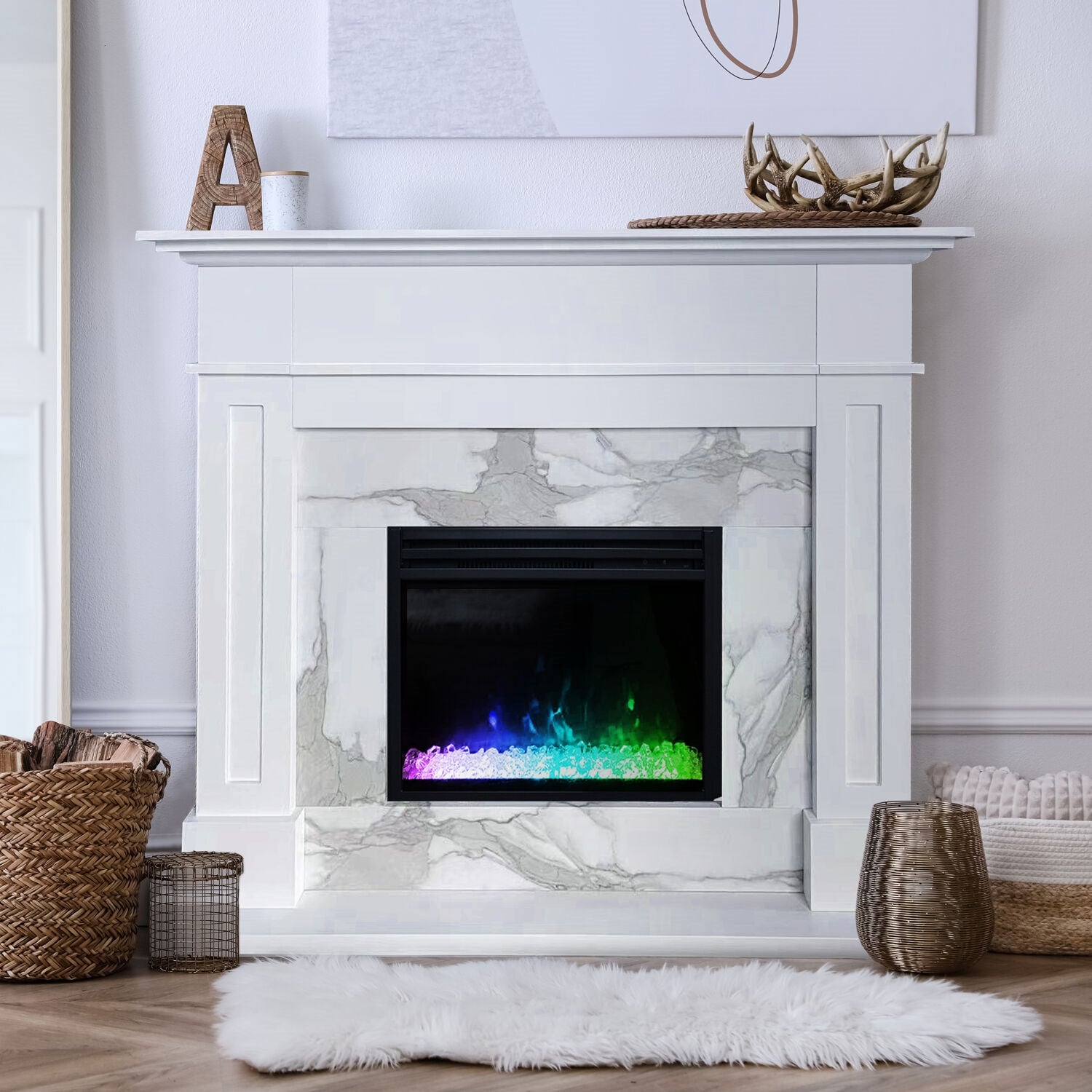 Cambridge - 53.x17.7"x13.4" Sofia Fireplace Mantel with Marble and Crystal Insert - Electric Mantel Fireplaces - CAM5617-1WHTCRS Cambridge - 53.x17.7"x13.4" Sofia Fireplace Mantel with Marble and Crystal Insert - Electric Mantel Fireplaces - CAM5617-1WHTCRS