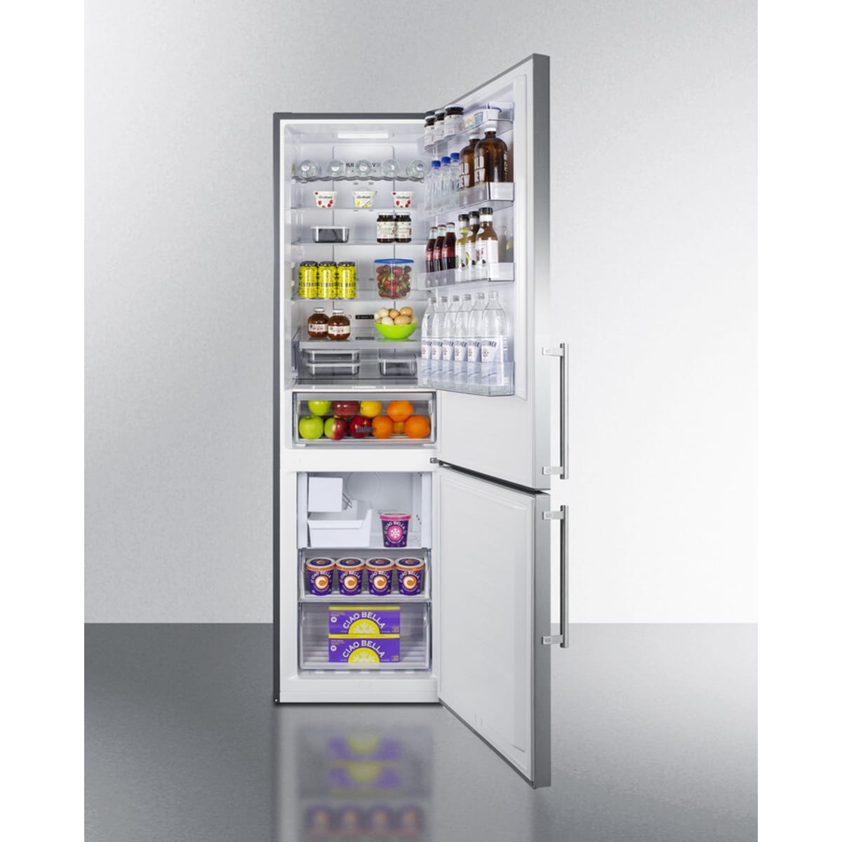 Summit - European counter depth bottom freezer refrigerator with icemaker, stainless steel doors, platinum cabinet, and digital controls for each section - FFBF181ES2IM Summit - European counter depth bottom freezer refrigerator with icemaker, stainless steel doors, platinum cabinet, and digital controls for each section - FFBF181ES2IM