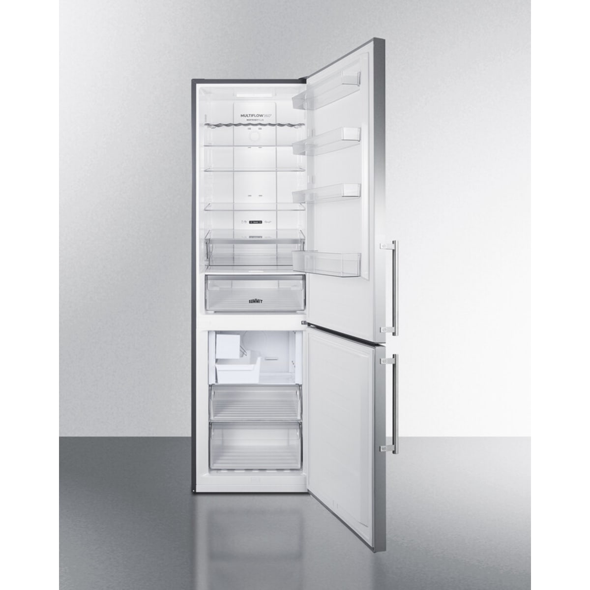 Summit - European counter depth bottom freezer refrigerator with icemaker, stainless steel doors, platinum cabinet, and digital controls for each section - FFBF181ES2IM Summit - European counter depth bottom freezer refrigerator with icemaker, stainless steel doors, platinum cabinet, and digital controls for each section - FFBF181ES2IM