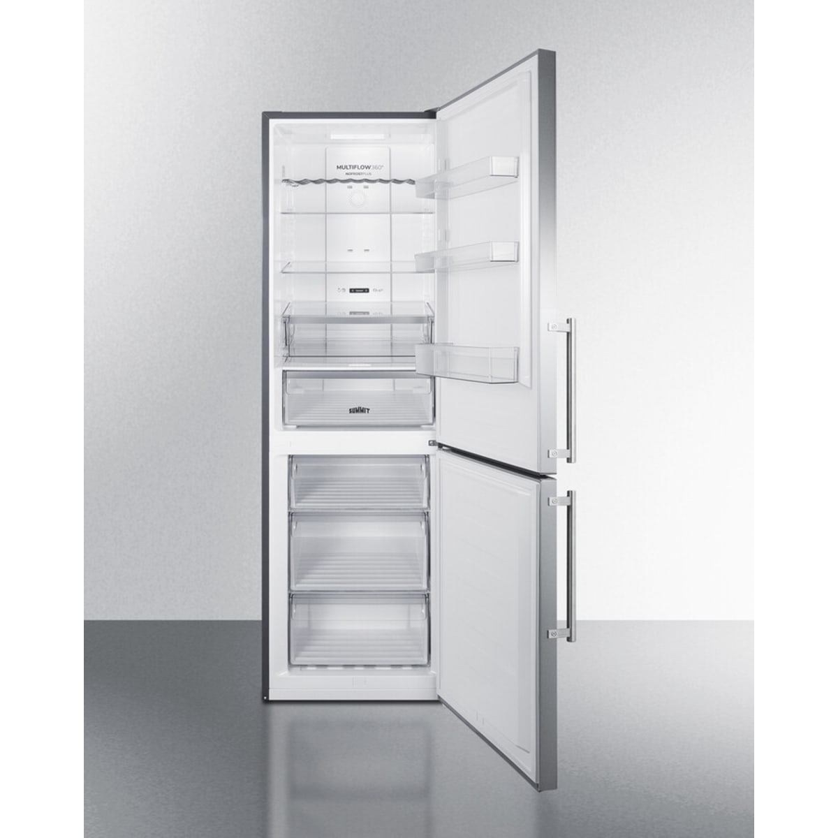 Summit - ENERGY STAR certified European counter depth bottom freezer refrigerator with stainless steel doors, platinum cabinet, and digital controls for each section - FFBF249SS2 Summit - ENERGY STAR certified European counter depth bottom freezer refrigerator with stainless steel doors, platinum cabinet, and digital controls for each section - FFBF249SS2