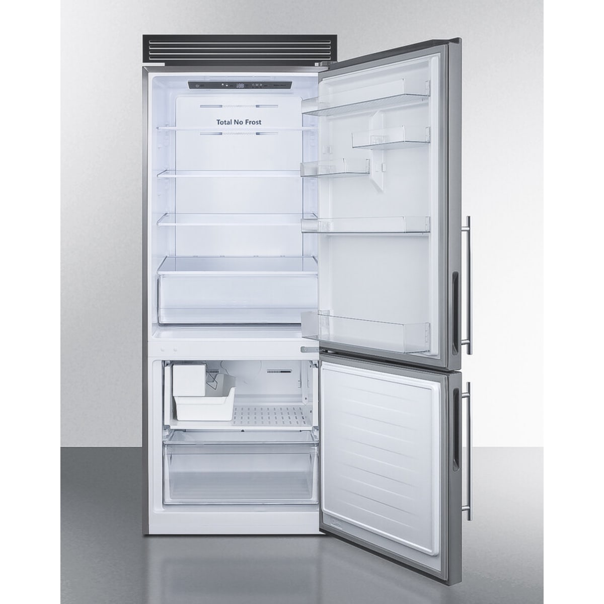Summit - Frost-free bottom freezer refrigerator with factory-installed icemaker, handles, and grill to raise height to 72" - FFBF279SSXIMH72 Summit - Frost-free bottom freezer refrigerator with factory-installed icemaker, handles, and grill to raise height to 72" - FFBF279SSXIMH72