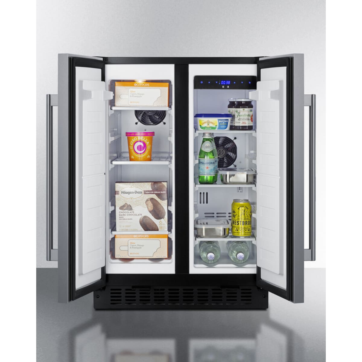 Summit - 24" wide undercounter frost-free side-by-side refrigerator-freezer in stainless steel with locks, stainless steel handles, and digital controls - FFRF24SS Summit - 24" wide undercounter frost-free side-by-side refrigerator-freezer in stainless steel with locks, stainless steel handles, and digital controls - FFRF24SS