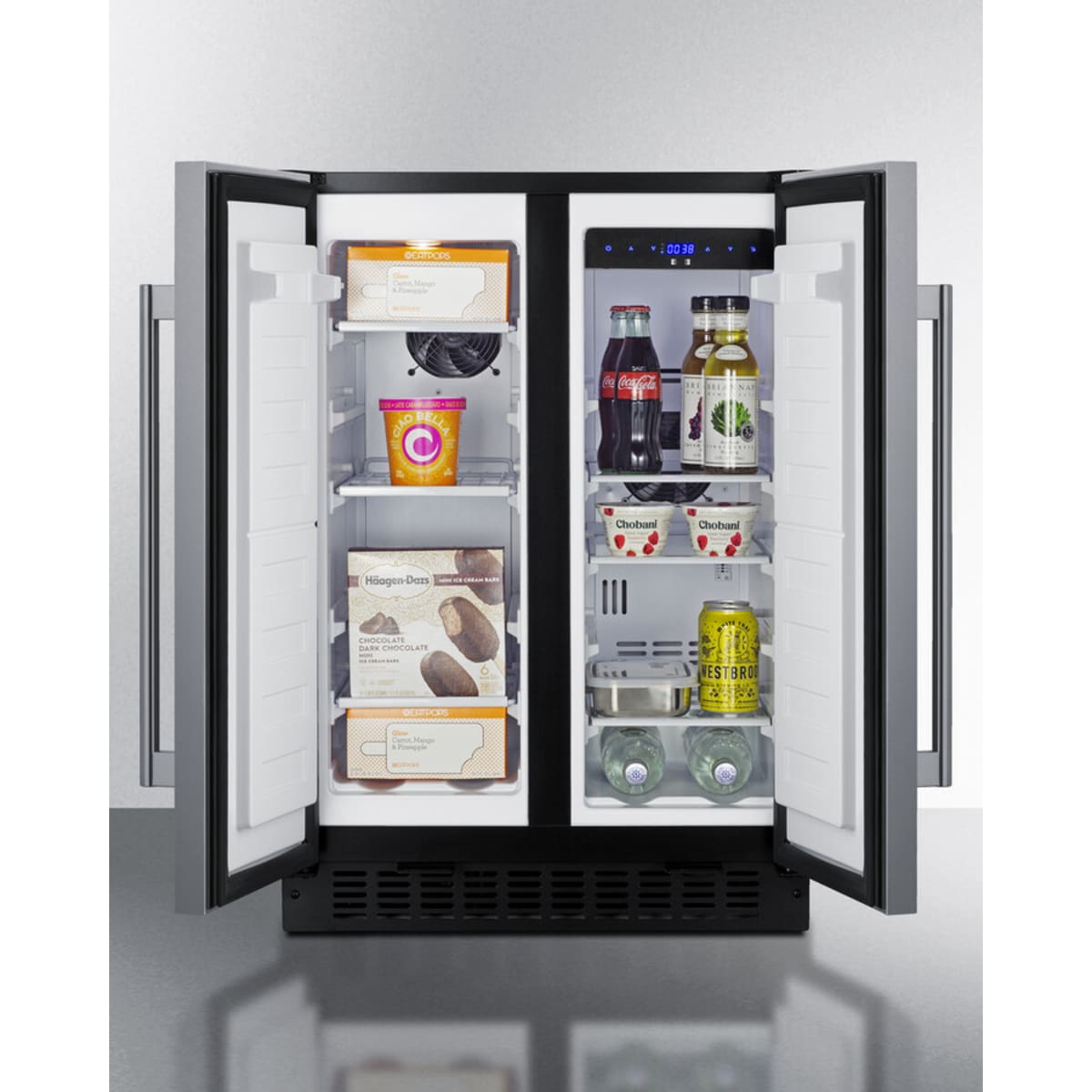 Summit - 24" wide undercounter frost-free side-by-side refrigerator-freezer in stainless steel with locks, stainless steel handles, and digital controls - FFRF24SS Summit - 24" wide undercounter frost-free side-by-side refrigerator-freezer in stainless steel with locks, stainless steel handles, and digital controls - FFRF24SS