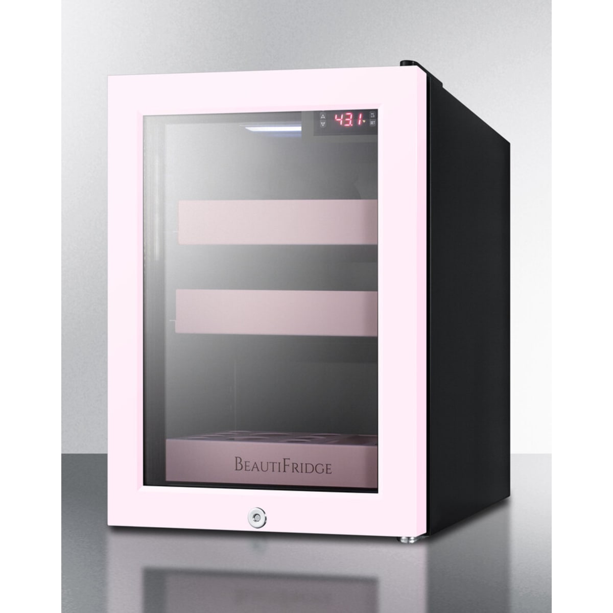Summit - BeautiFridge cosmetics refrigerator with pink shelving and pink trimmed glass door - LX114LPTP Summit - BeautiFridge cosmetics refrigerator with pink shelving and pink trimmed glass door - LX114LPTP