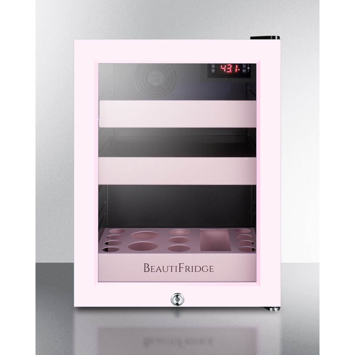 Summit - BeautiFridge cosmetics refrigerator with pink shelving and pink trimmed glass door - LX114LPTP Summit - BeautiFridge cosmetics refrigerator with pink shelving and pink trimmed glass door - LX114LPTP