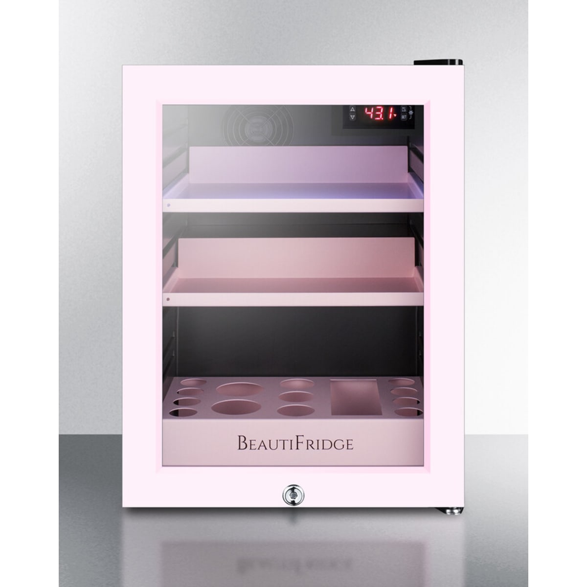 Summit - BeautiFridge cosmetics refrigerator with pink shelving and pink trimmed glass door - LX114LPTP Summit - BeautiFridge cosmetics refrigerator with pink shelving and pink trimmed glass door - LX114LPTP