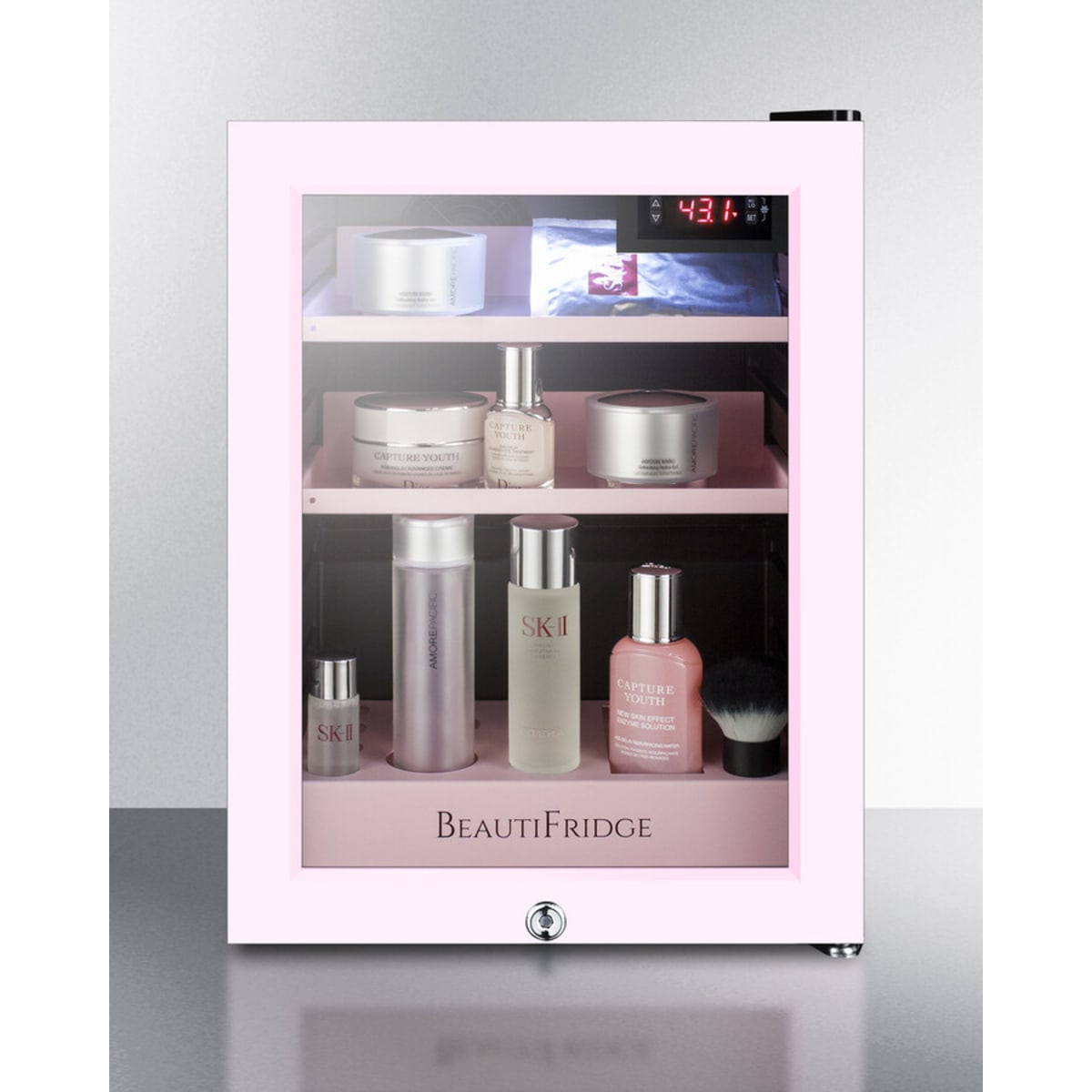 Summit - BeautiFridge cosmetics refrigerator with pink shelving and pink trimmed glass door - LX114LPTP Summit - BeautiFridge cosmetics refrigerator with pink shelving and pink trimmed glass door - LX114LPTP