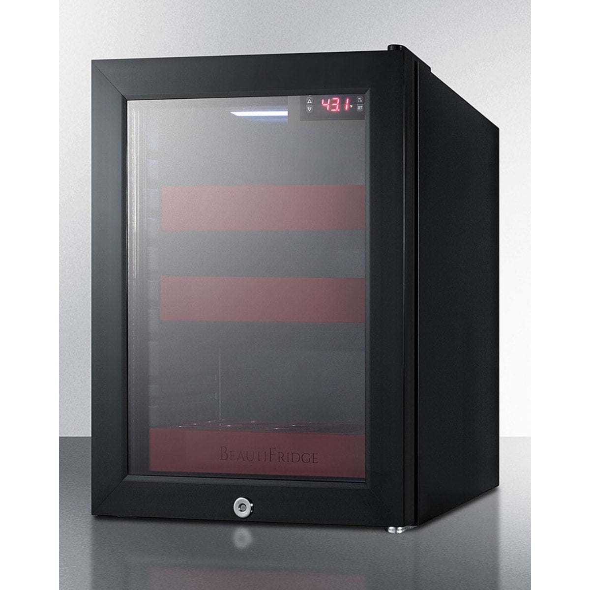 Summit - BeautiFridge cosmetics refrigerator with ruby shelving and glass door - LX114LR Summit - BeautiFridge cosmetics refrigerator with ruby shelving and glass door - LX114LR