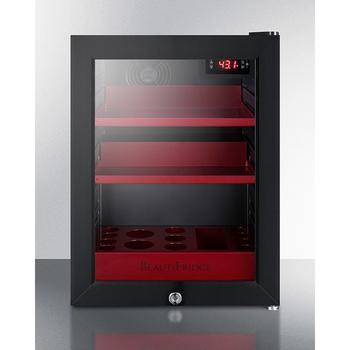 Summit - BeautiFridge cosmetics refrigerator with ruby shelving and glass door - LX114LR Summit - BeautiFridge cosmetics refrigerator with ruby shelving and glass door - LX114LR